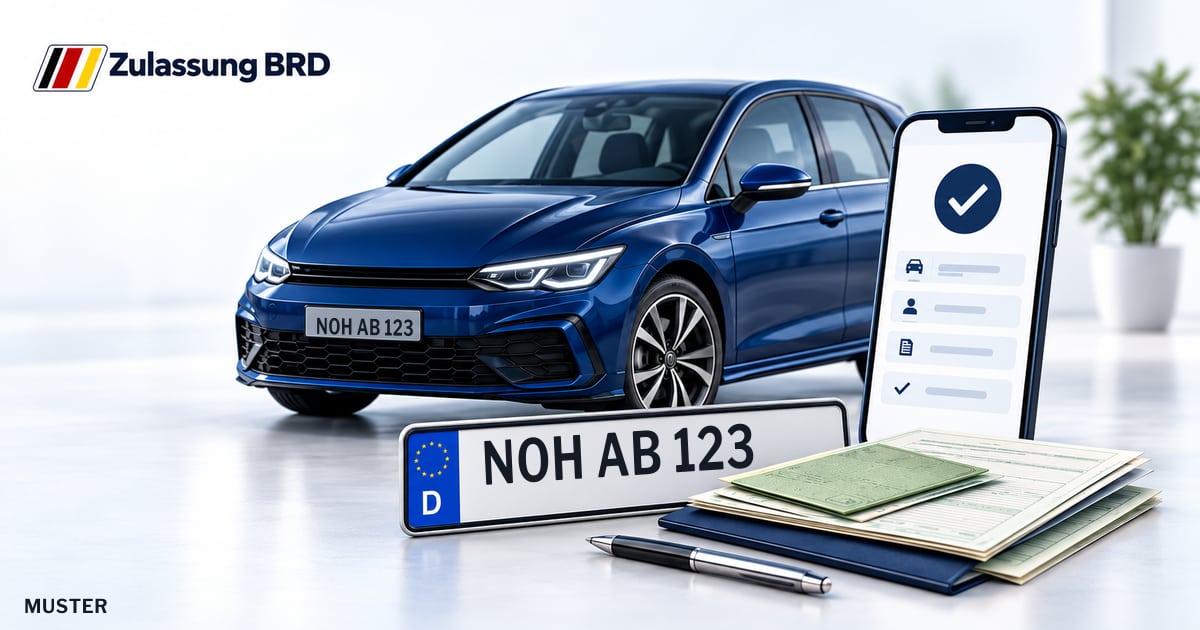 Online Fahrzeugzulassung in Schüttorf: Musterkennzeichen NOH AB 123, Auto und Fahrzeugpapiere und Smartphone. Illustration mit Logo von Zulassung BRD.